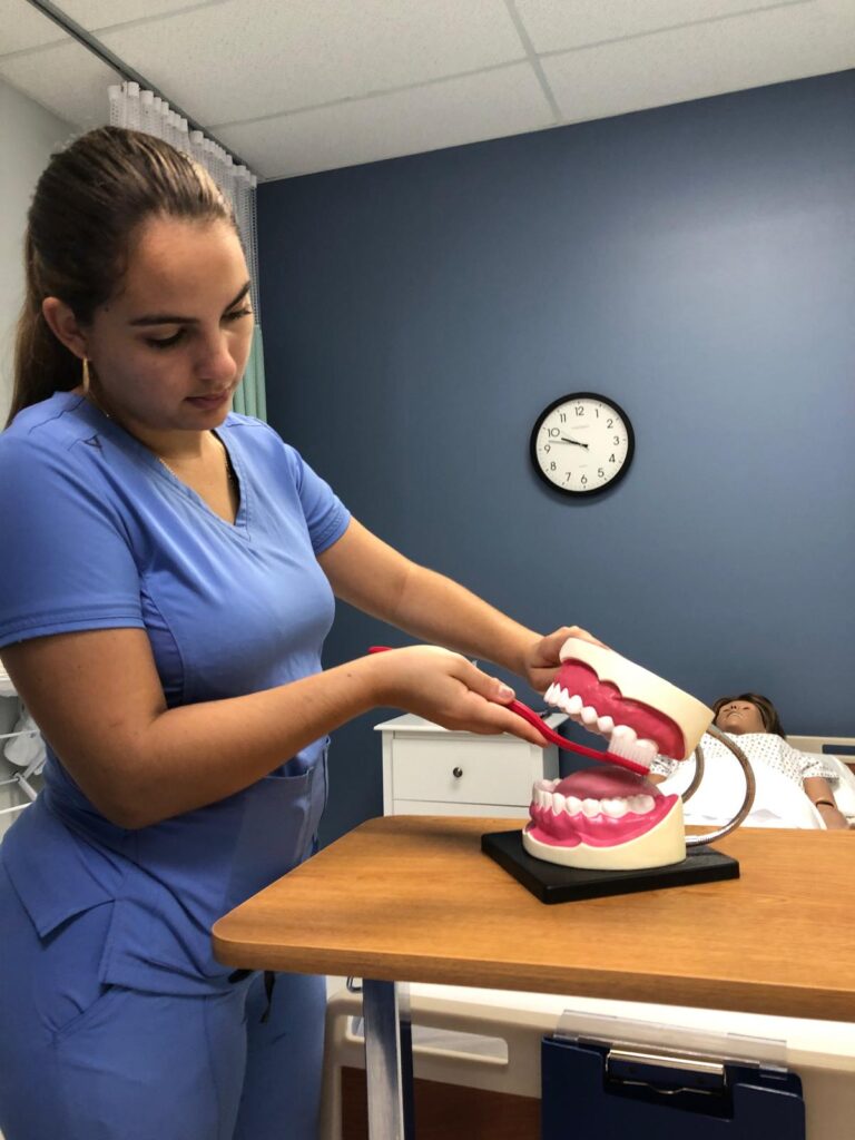 A student practicing dental hygiene on a simulated mouth