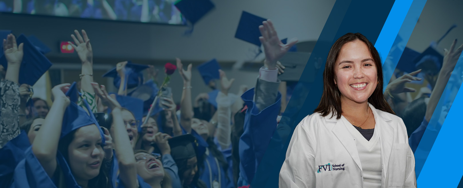 A happy FVI nursing student with a background of FVI graduates at graduation