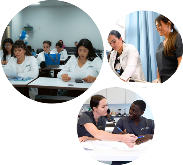 three images of nursing students in the classroom