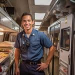 EMT student smiling inside a well-equipped ambulance