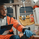 EMT reviewing patient data on a tablet inside ambulance