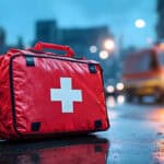 Red EMT first aid bag with a white cross symbol placed on the ground in front of an ambulance.