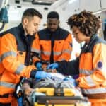 EMT team providing emergency care to a patient inside an ambulance.
