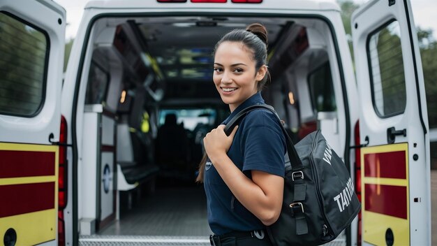 oung EMT student standing by an ambulance, smiling with a training bag on her shoulder.