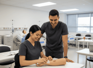 florida health coach sitting at a table with a pen in hand ready to write sitting across from a client